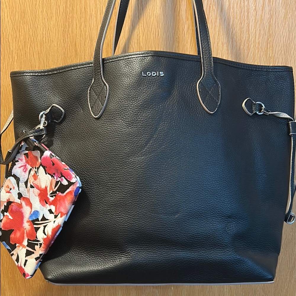 Lodis Black Tote with Floral Accent Pouch NWOT